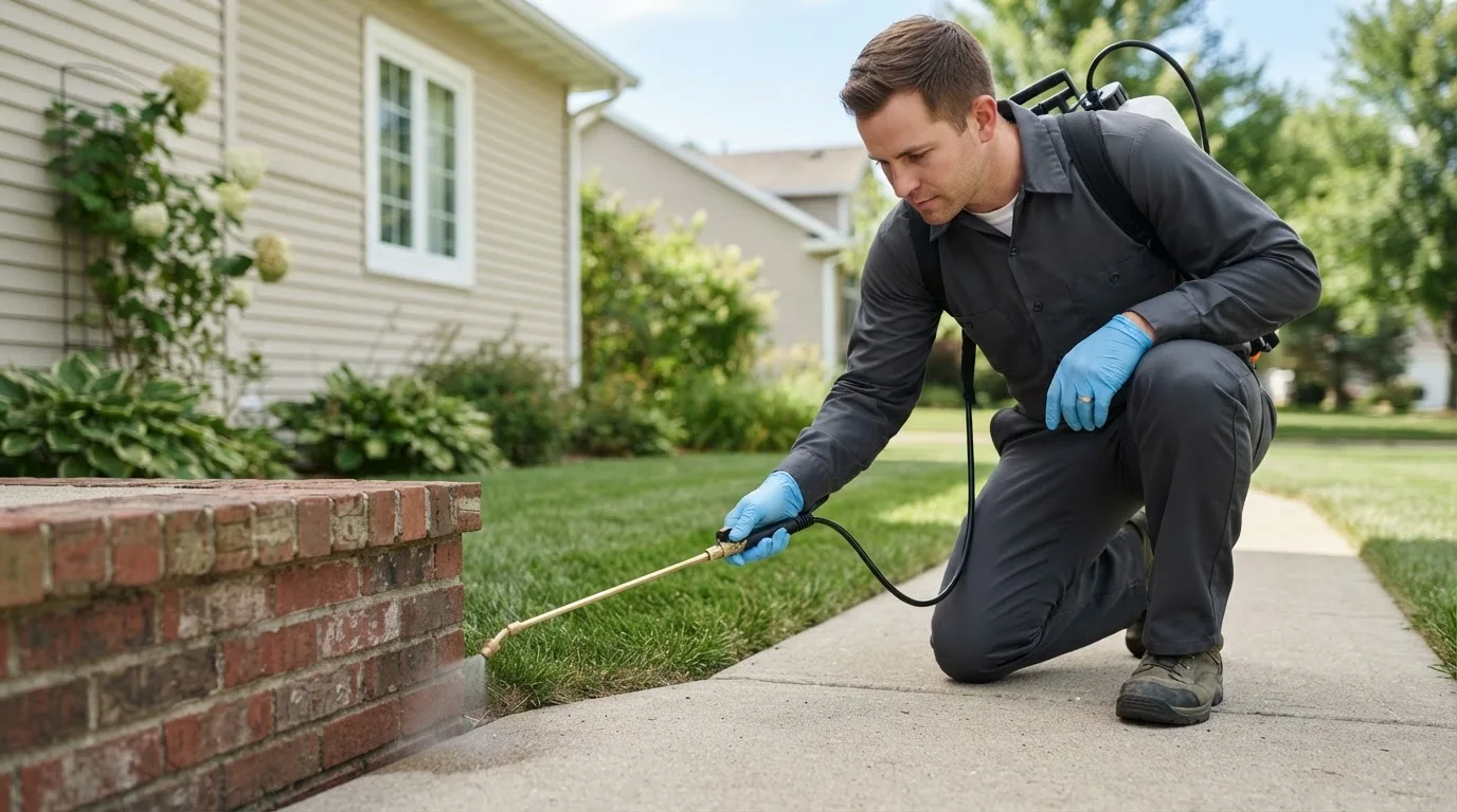 Pest control technician treating a home near Letts, IA
