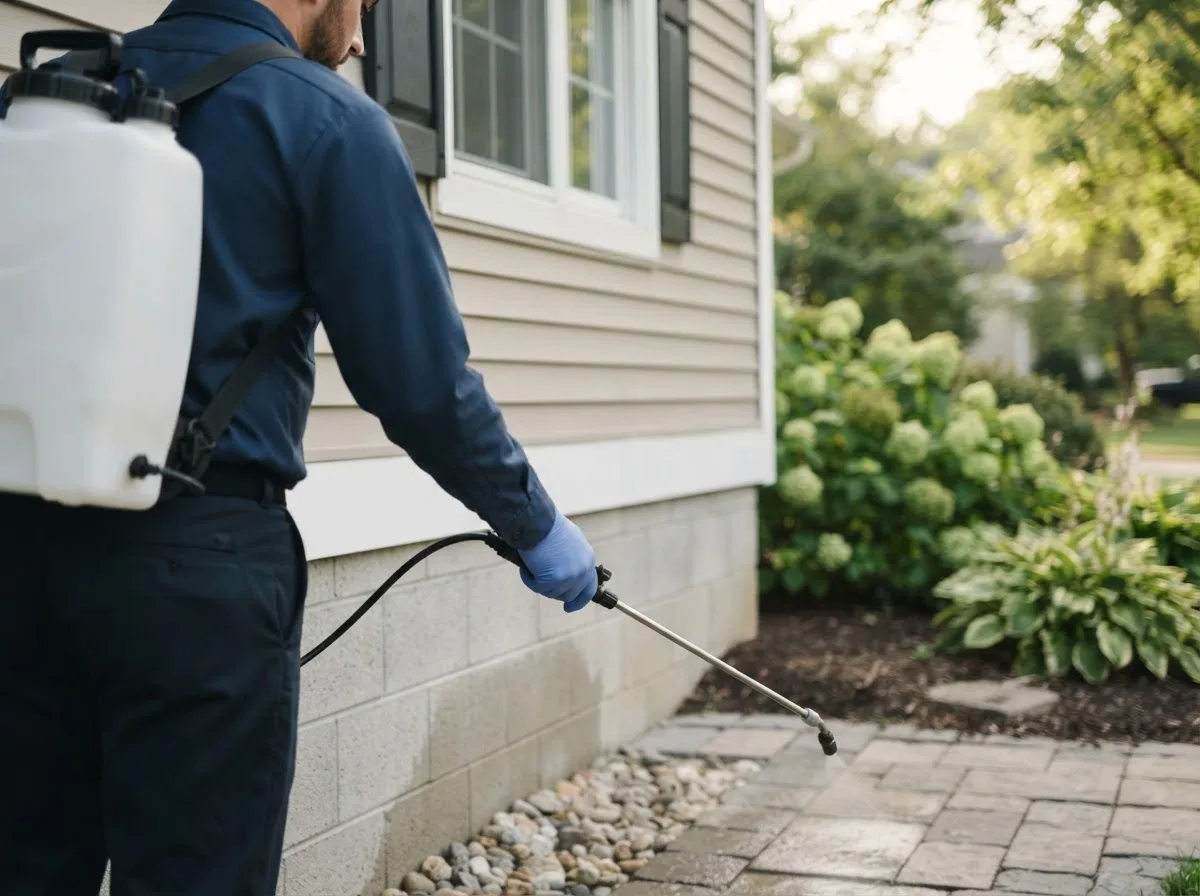 Pest control technician inspecting a home in Letts, IA